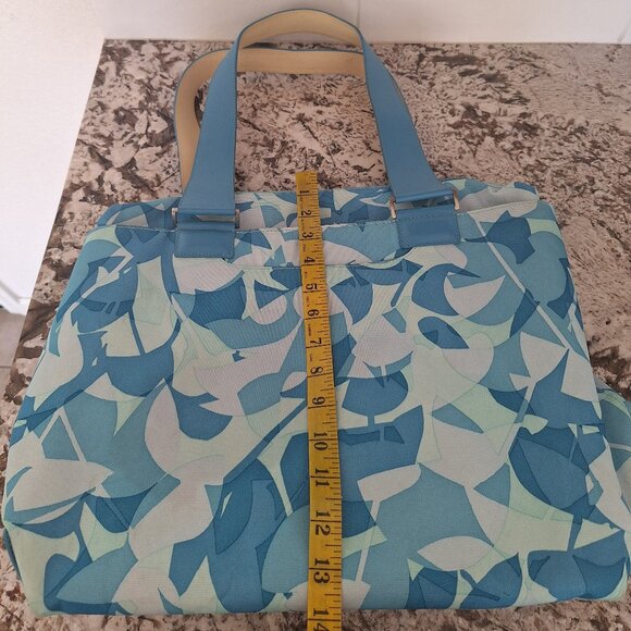 Tumi Womens Open Top Tote Handbag Double Strap, Blue  Leaf Canvas, Leather Trim - Picture 11 of 12